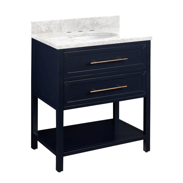 Midnight Navy Blue Mahogany Bathroom Vanity with Carrara Marble Top