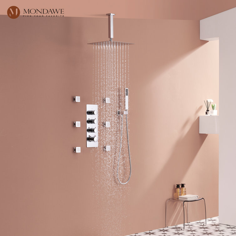 Chrome Ceiling Mounted Rain Shower System with Handheld and Body Jets