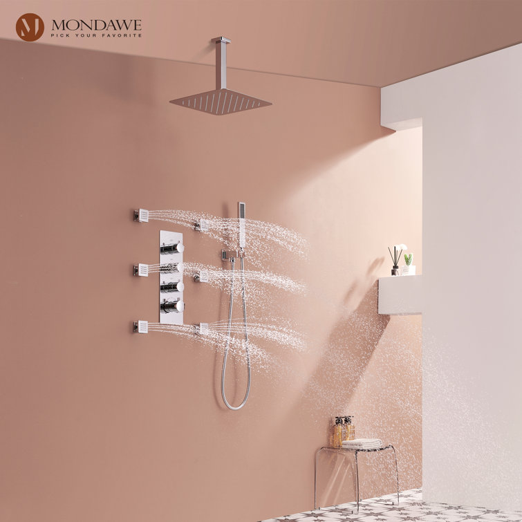Chrome Ceiling Mounted Rain Shower System with Handheld and Body Jets
