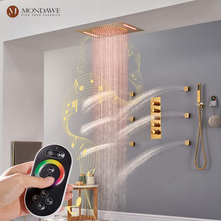 Luxury Gold Ceiling Mounted Dual Shower System with LED and Bluetooth Speaker