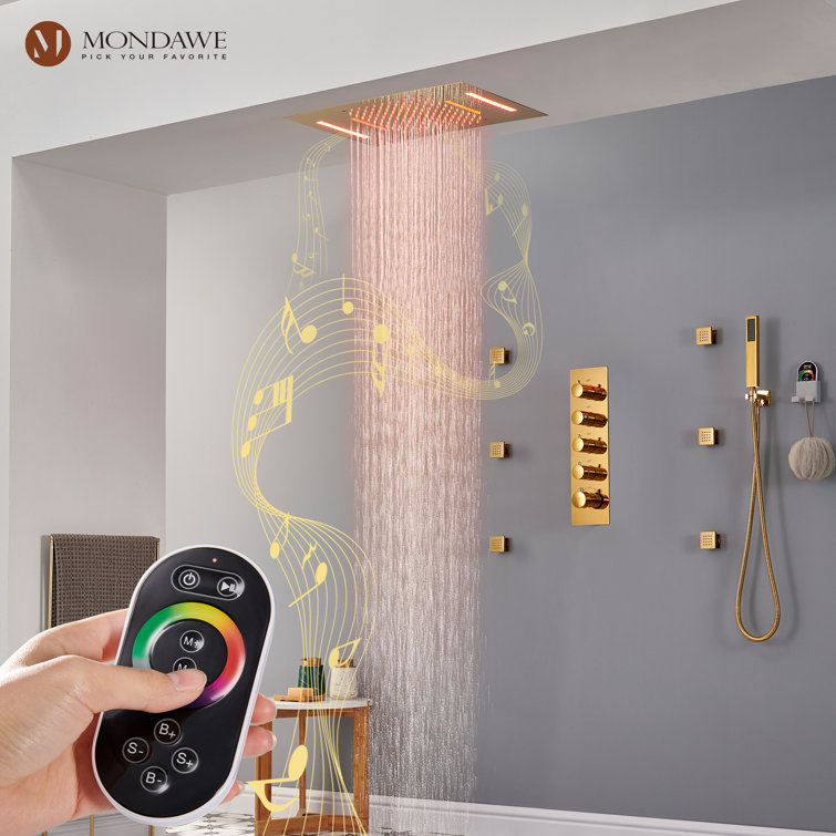 Luxury Gold Ceiling Mounted Dual Shower System with LED and Bluetooth Speaker