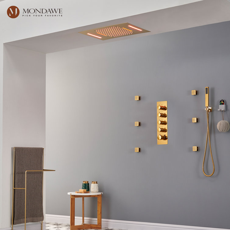 Luxury Gold Ceiling Mounted Dual Shower System with LED and Bluetooth Speaker