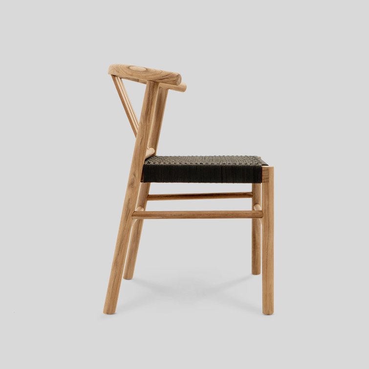 Teak and Black Sling Armless Outdoor Dining Chairs, Set of 2