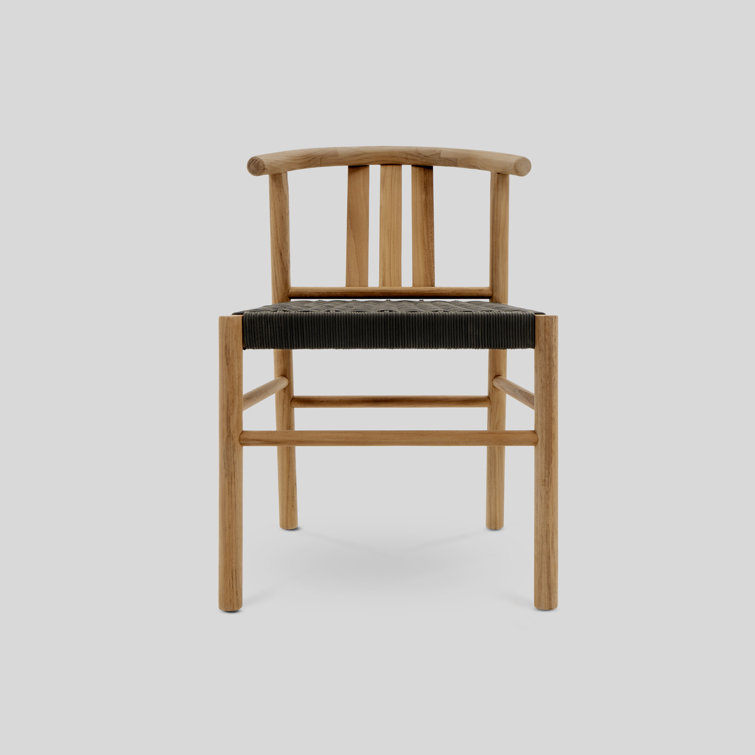 Teak and Black Sling Armless Outdoor Dining Chairs, Set of 2