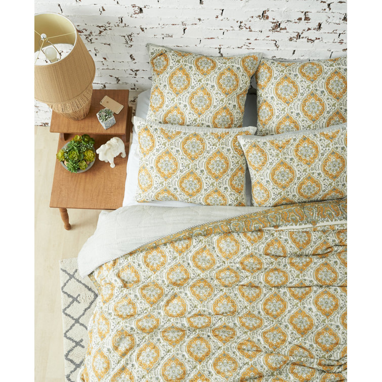 Queen Yellow and Gray Cotton Quilt Set