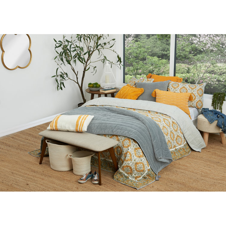 Queen Yellow and Gray Cotton Quilt Set