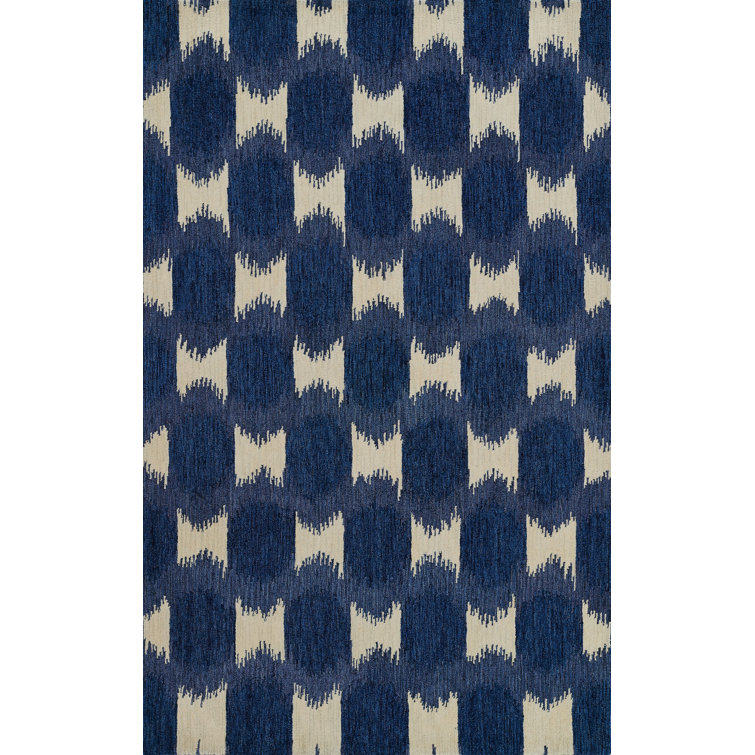 Navy Blue Wool Ikat Hand Tufted 8' x 10' Area Rug