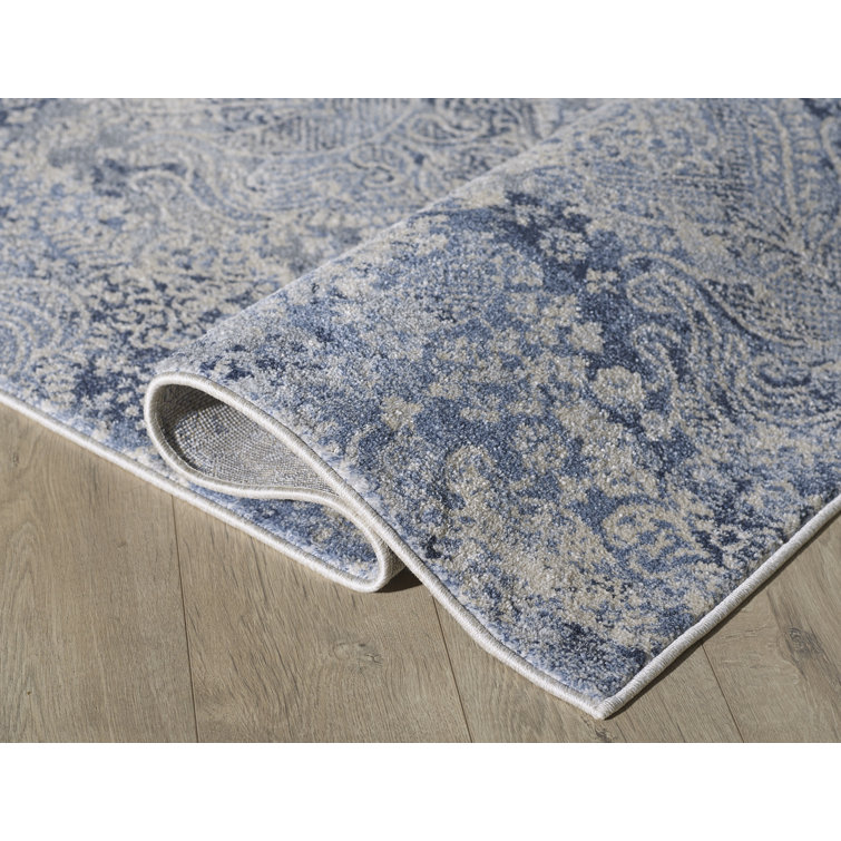 Cream and Light Blue Reversible Synthetic Rectangular Rug