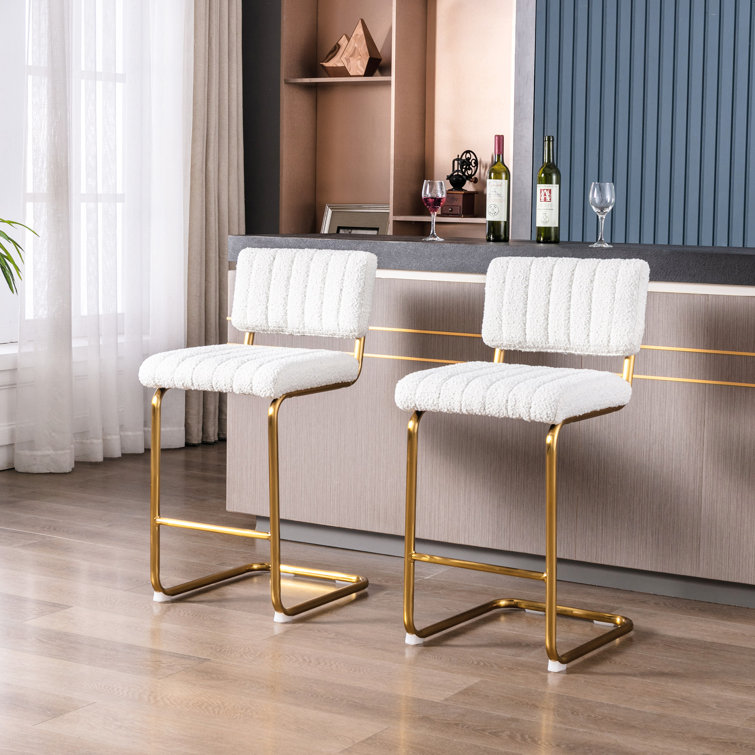 White Boucle Upholstered Counter Stools with Gold Metal Base, Set of 2