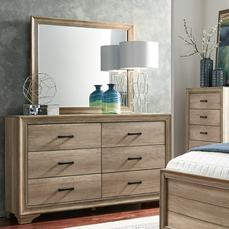 Sandstone Finish King Upholstered Bed with Dresser and Mirror