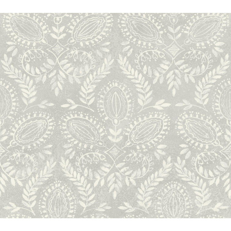Gray and Off-White Damask Nonwoven Wallpaper
