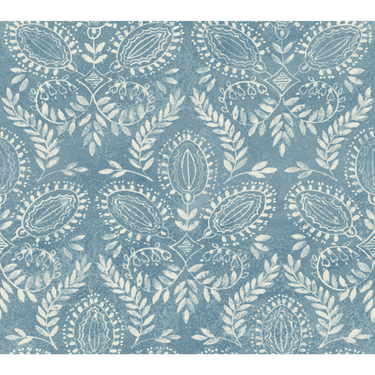 Blue Damask Nonwoven Wallpaper with Watercolor Laurel Pattern