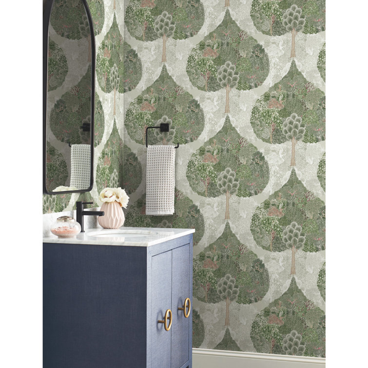 Mystic Forest Green and Coral Vinyl Wallpaper