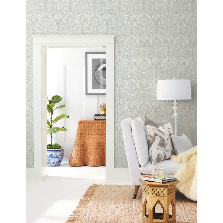 Gray and Off-White Damask Nonwoven Wallpaper