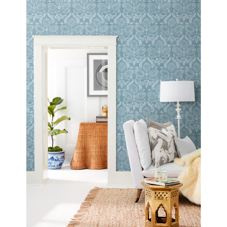 Blue Damask Nonwoven Wallpaper with Watercolor Laurel Pattern