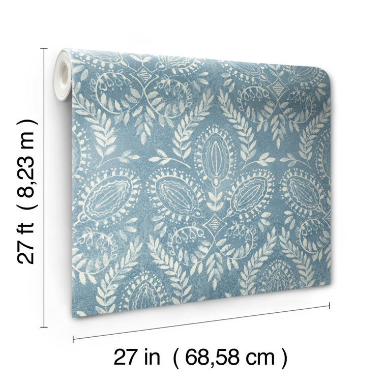 Blue Damask Nonwoven Wallpaper with Watercolor Laurel Pattern