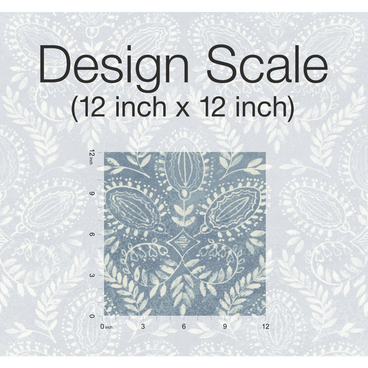 Blue Damask Nonwoven Wallpaper with Watercolor Laurel Pattern