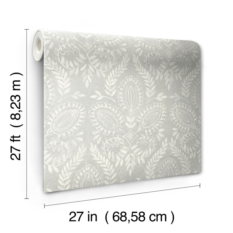 Gray and Off-White Damask Nonwoven Wallpaper