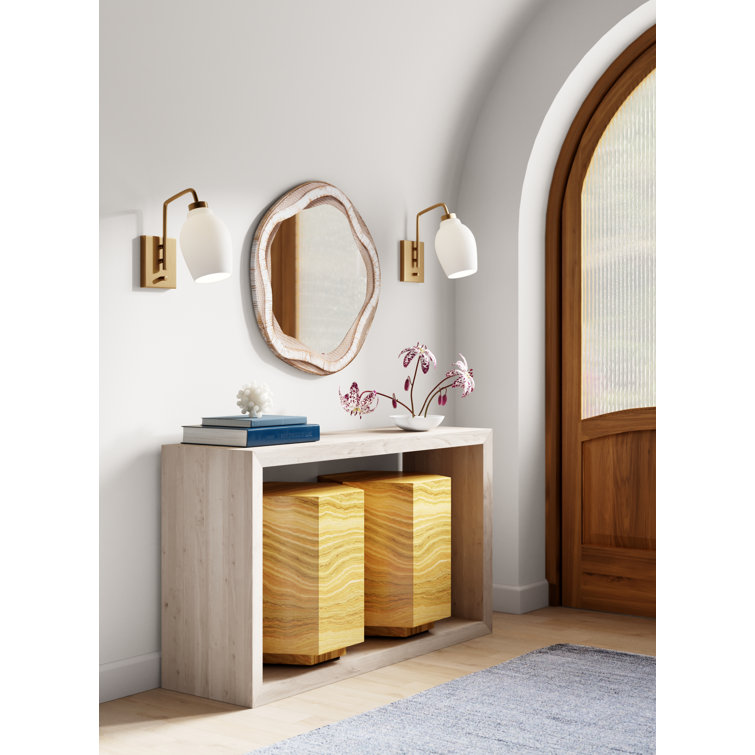 River Organic Round Wood & Rattan Wall Mirror in Cream and Beige