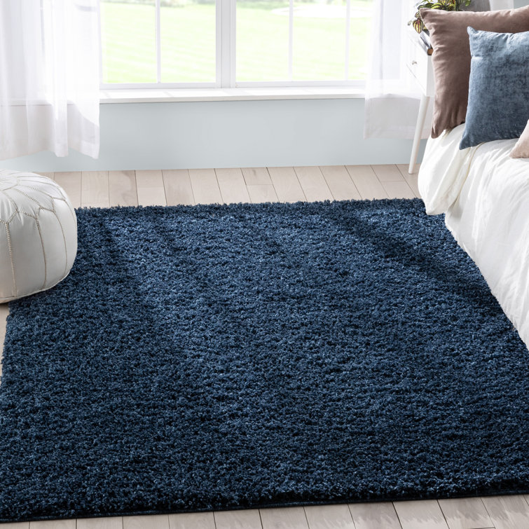 Dark Blue Reversible Solid Shag Synthetic Area Rug