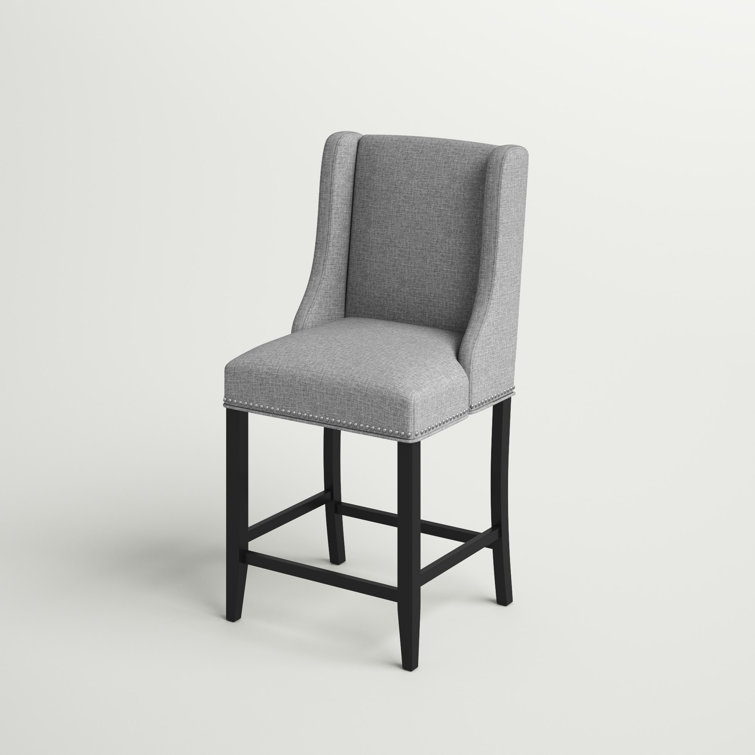 Elegant Light Gray Upholstered Wood Counter Stool with Nailhead Trim
