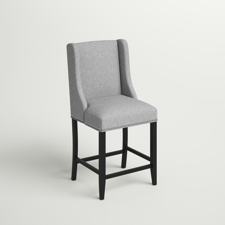 Elegant Light Gray Upholstered Wood Counter Stool with Nailhead Trim