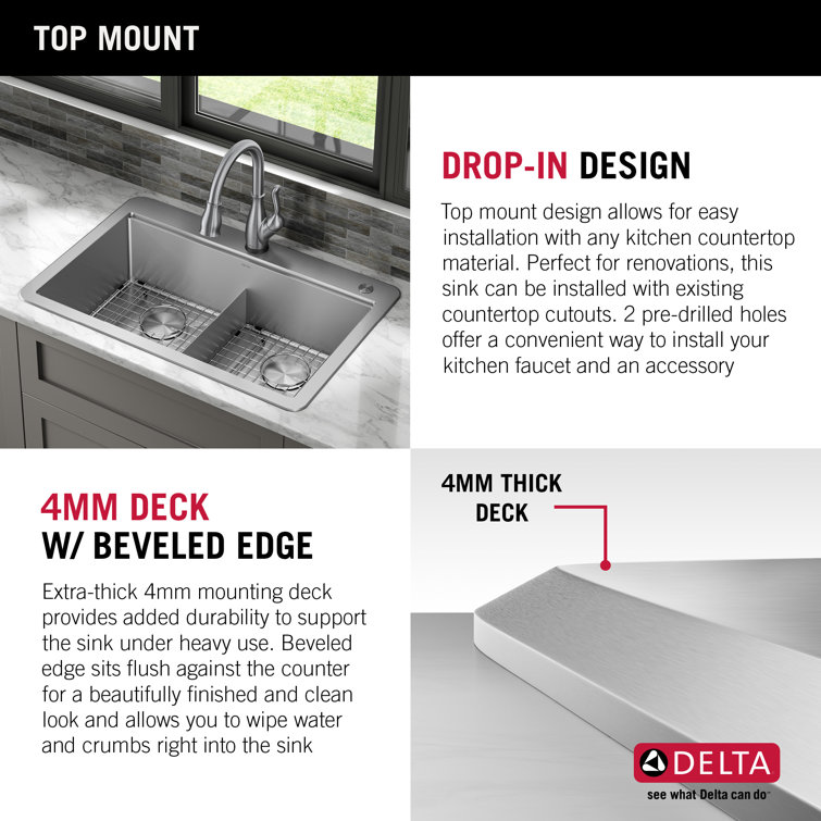 Delta 33" Stainless Steel Double Bowl Drop-In Kitchen Sink