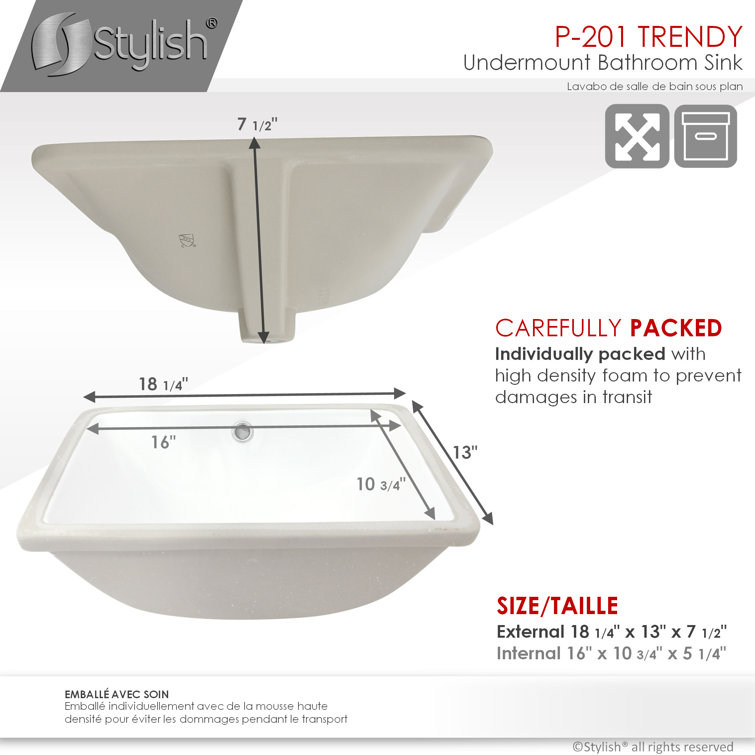 Elegant White 18" Rectangular Ceramic Undermount Bathroom Sink