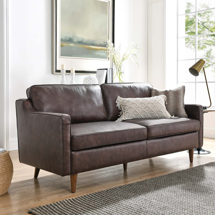 Brown Genuine Leather Mid-century Modern Sofa with Walnut Legs