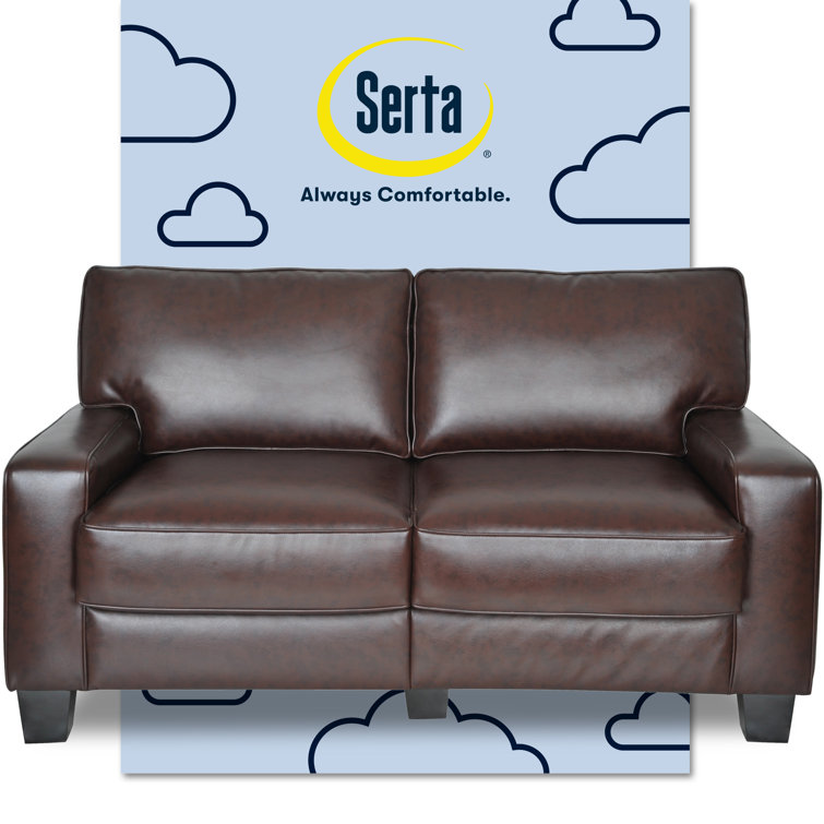 Chestnut Brown Leather 61" Loveseat with Pillow Back and Wood Accents