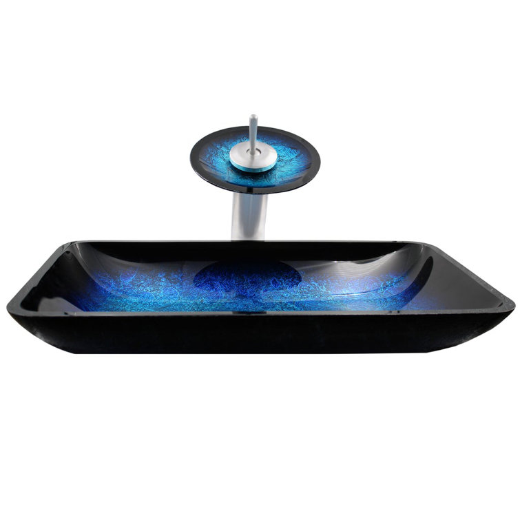 Rectangular Black and Blue Glass Vessel Sink with Brushed Nickel Faucet