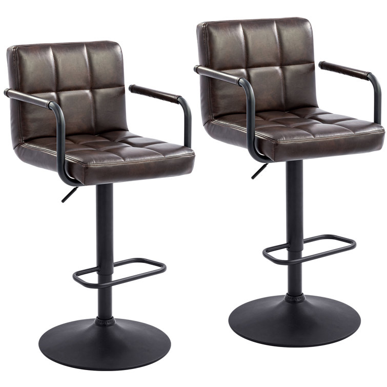 Adjustable Black Brown Faux Leather Swivel Bar Stools with Pedestal Base