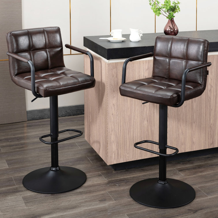 Adjustable Black Brown Faux Leather Swivel Bar Stools with Pedestal Base