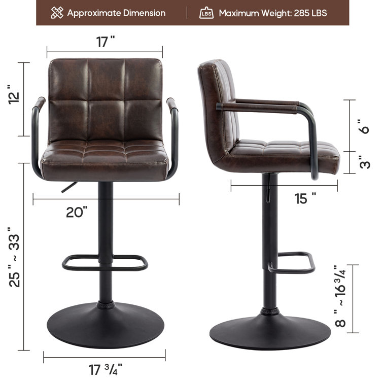 Adjustable Black Brown Faux Leather Swivel Bar Stools with Pedestal Base