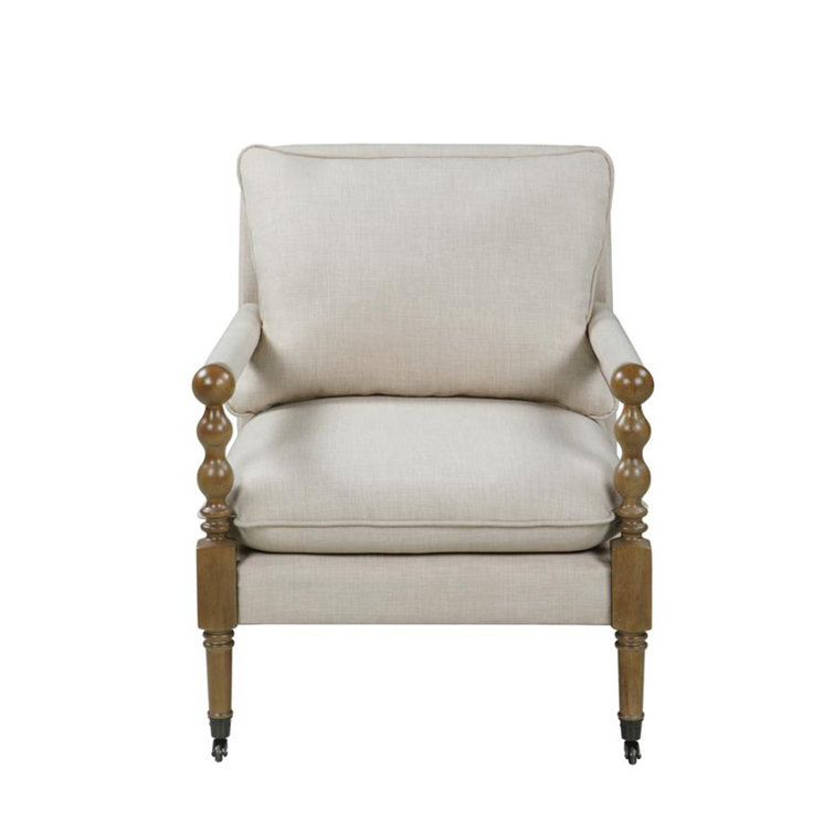 Beige Upholstered Wood Accent Chair with Turned Legs