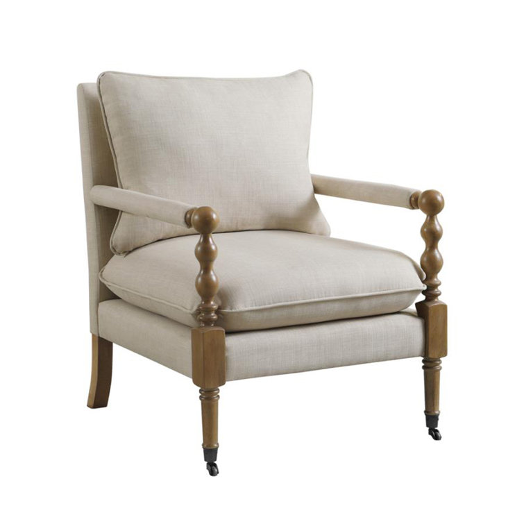 Beige Upholstered Wood Accent Chair with Turned Legs