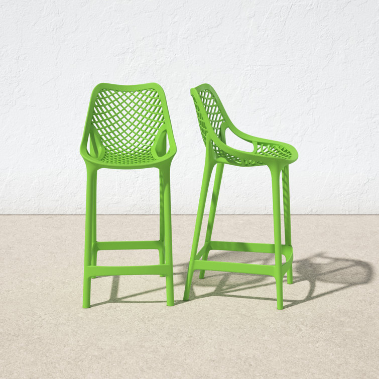 Tropical Green Plastic Outdoor Bar Stools with Footrest - Set of 2