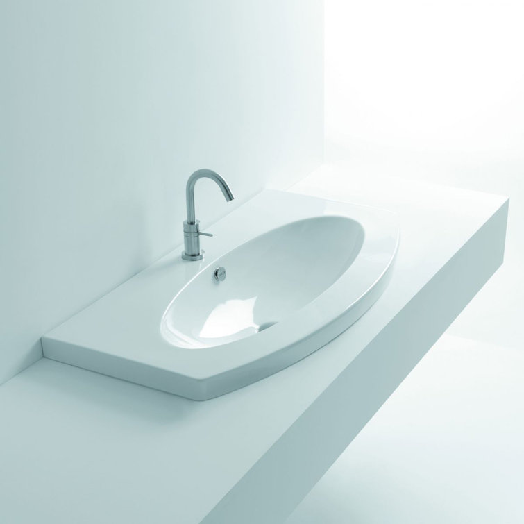 White Ceramic Oval Wall-Mounted Bathroom Sink with Overflow