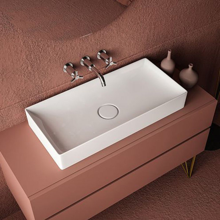Glossy White Rectangular Ceramic Above-Counter Sink
