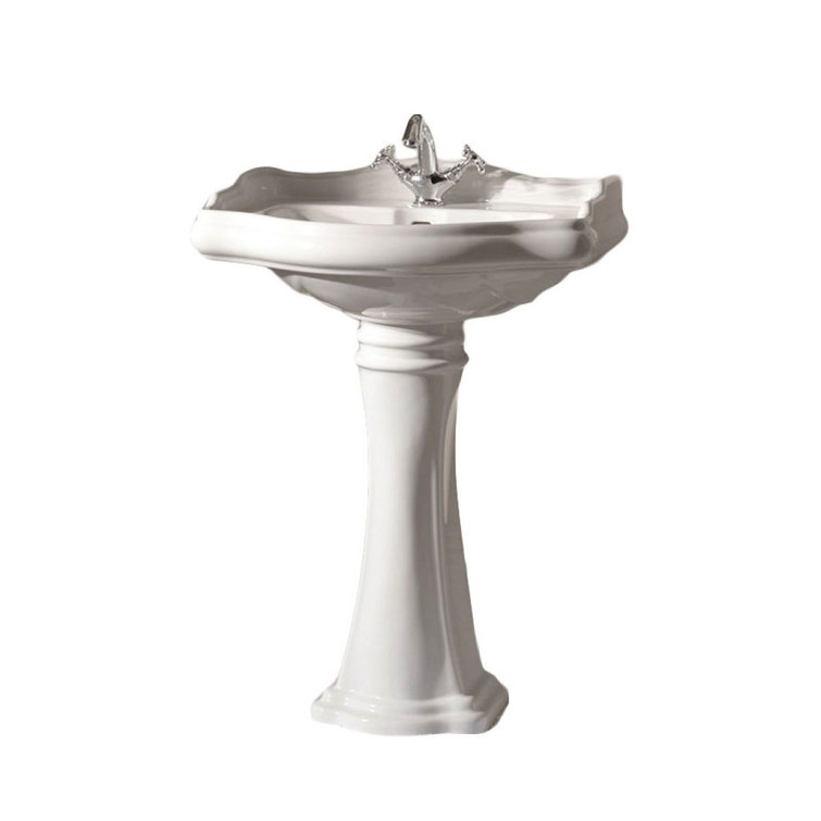 Glossy White Ceramic Rectangular Pedestal Sink with Single Faucet Hole