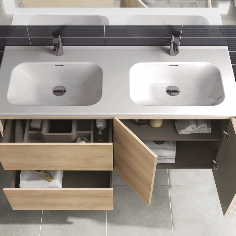 Matte White Double Wall-Mount Bathroom Vanity with Integrated Sink