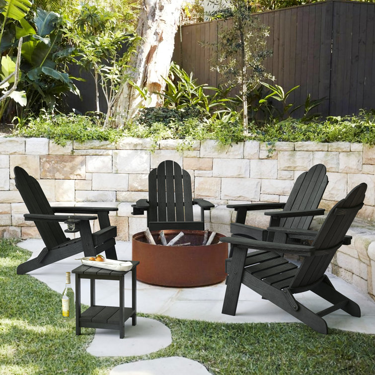 Black Foldable Poly Adirondack Chairs with Cup Holder, Set of 4