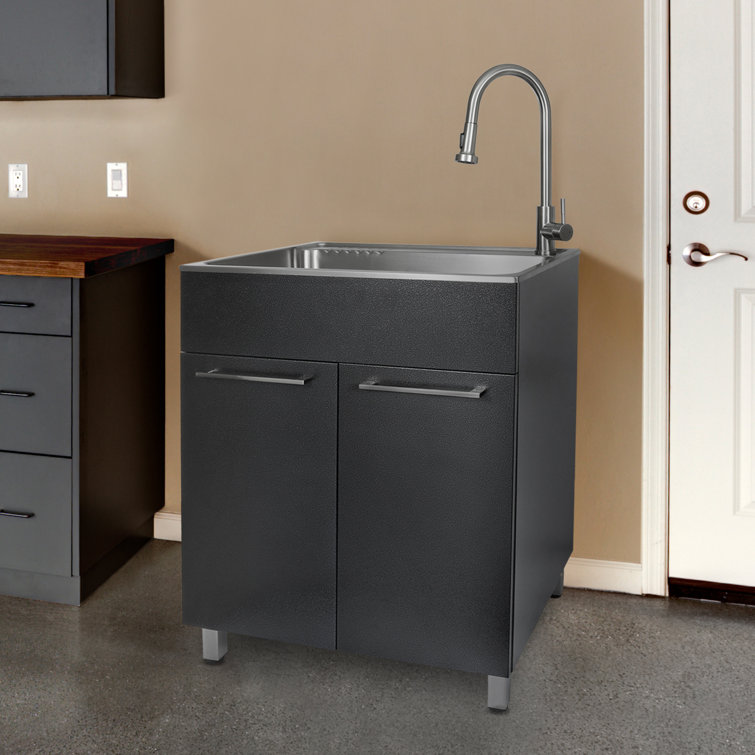 28" Black Stainless Steel Freestanding Laundry Sink with Faucet