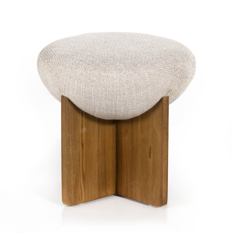 18'' Contemporary White Round Ottoman with Ash Wood Base