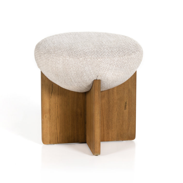 18'' Contemporary White Round Ottoman with Ash Wood Base