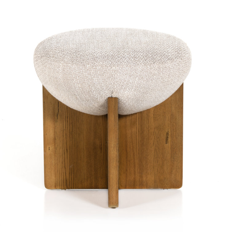 18'' Contemporary White Round Ottoman with Ash Wood Base