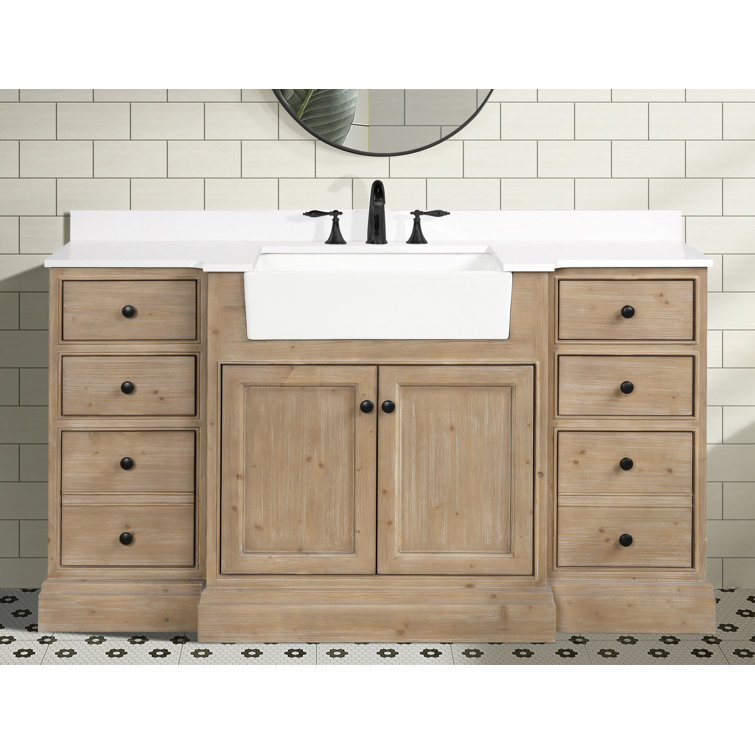 Kelly 60" Weathered Fir Bathroom Vanity with White Stone Countertop