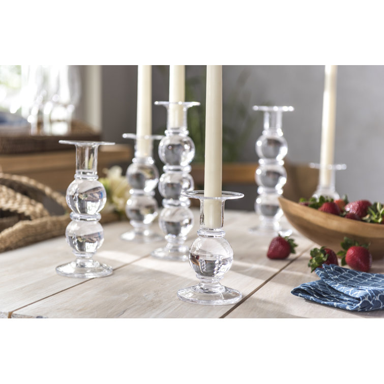 Handmade Clear Glass Taper Candlestick Set with Candles