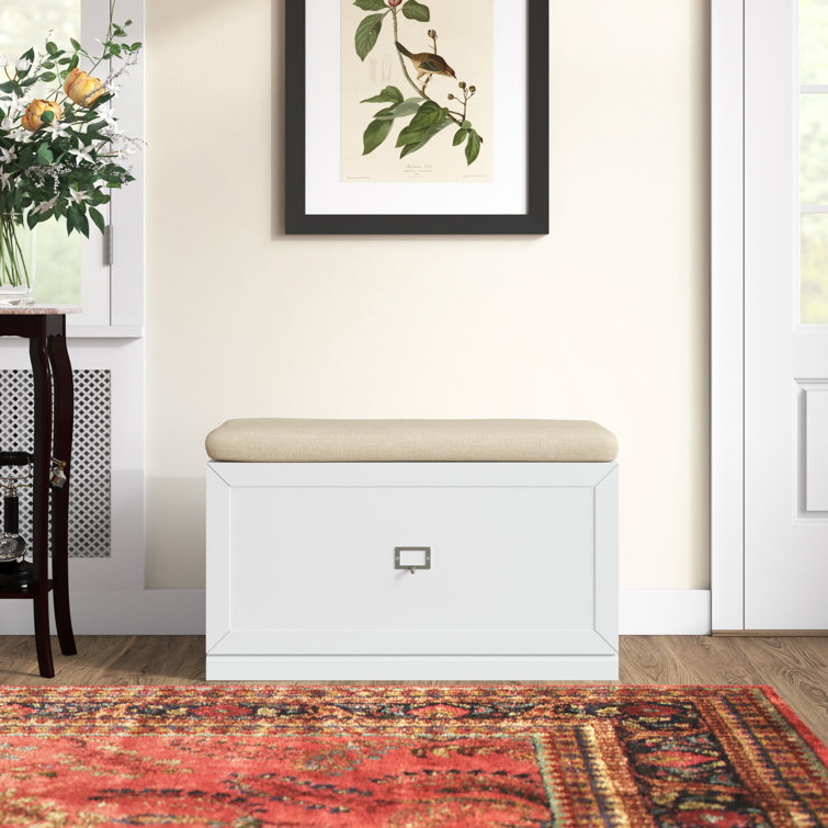 Beige and White Upholstered Entryway Storage Bench