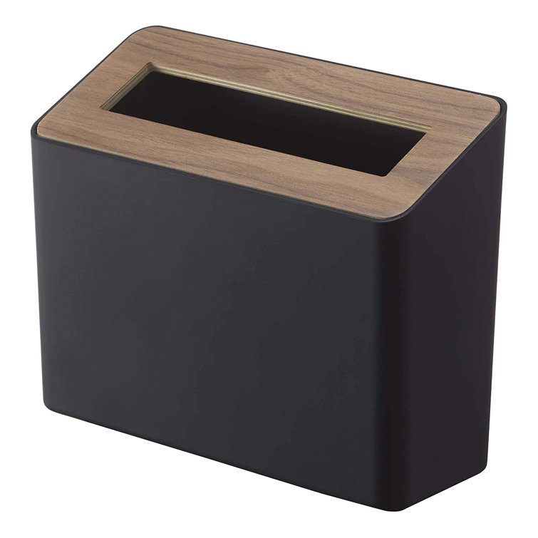 Compact Walnut and Black Plastic Tabletop Trash Can with Lid